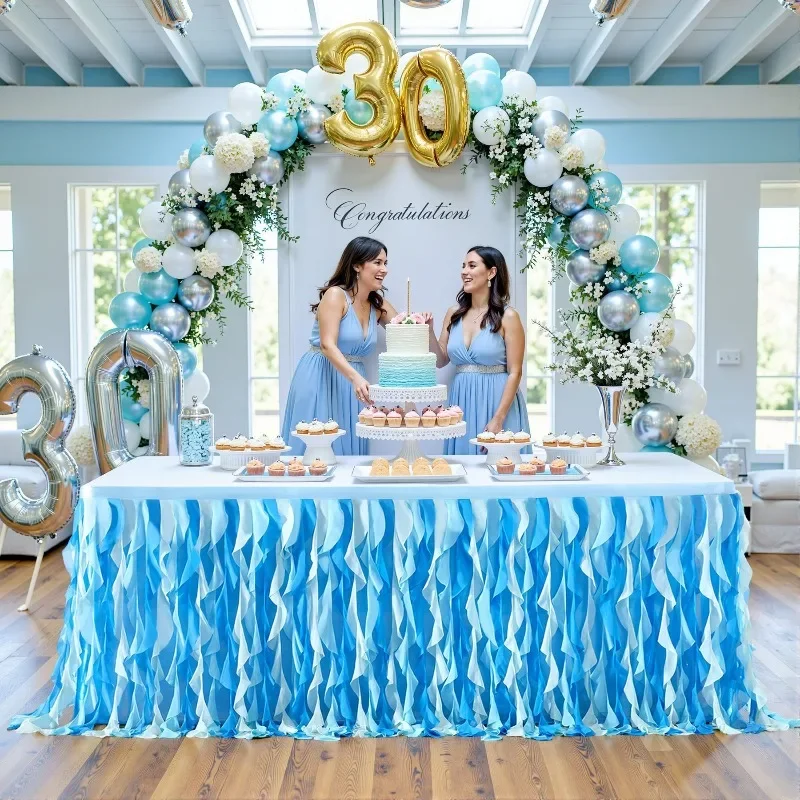 Chiffon Pleated Table Skirt with Curled Willow Terms for Weddings Birthday Tablecloth Holidays Parties and Table Skirts Creating