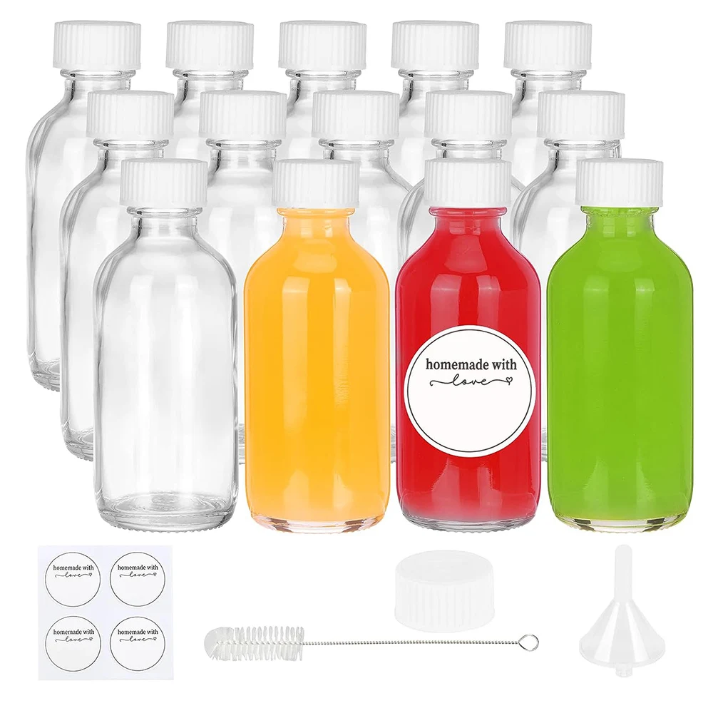 2oz Small Clear Glass Bottles with Lids for Liquids Mini Glass Juice Bottles for Potion, Ginger, Oils