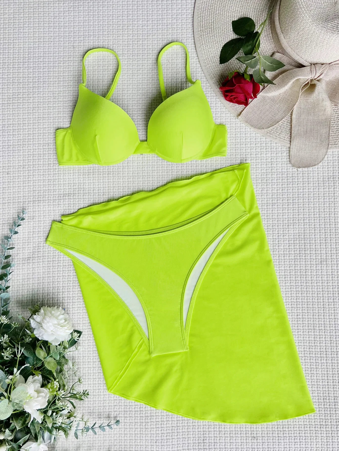 Women solid push up underwire bikini sets three pieces with cover skirt swimsuit bathing suit beach outfits biquini tankini