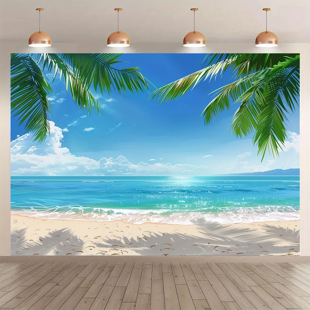 2D Beach Ocean Tapestry Coastal Wall Hanging Palm Leaves Sand Sea Sky Print Summer Vacation Theme Living Room Bedroom Decor Art