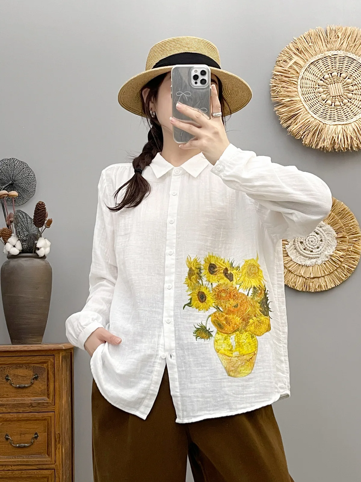 Autumn Women Two Layer Cotton Yarn White Shirts Yellow Sunflower Long Sleeve Button Up Tops Girl's Loose Blouse Spring