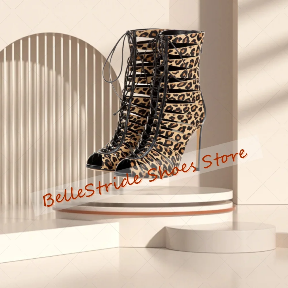 

Leopard Peep Toe Lace up Boots Hollow Out Women Shoes Fashion Stilettos High Heels Party Banquet Dating 2025 Zapatos Para Mujere