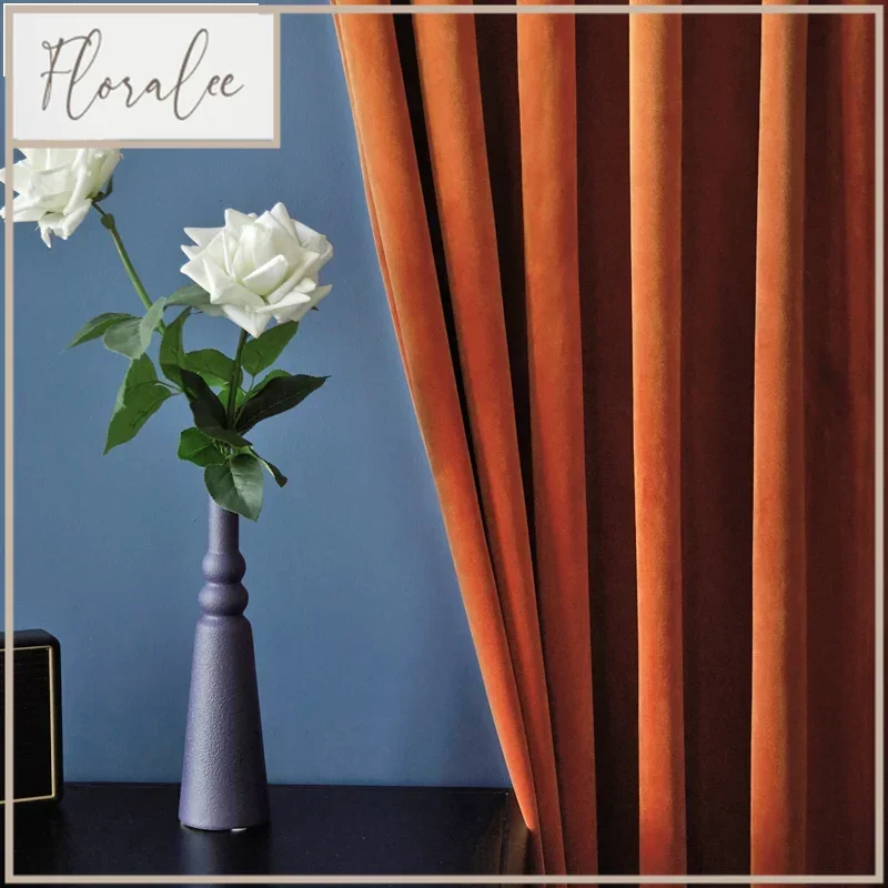 

Modern Simple Light Luxury Scandinavian High-grade Orange Velvet Curtains For Living Room Bedroom Dining Custom Size Retro