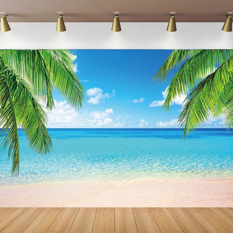 Photography Backdrop Summer Tropical Beach Theme Sea Ocean Palm Leaf Sand Beach Blue Sky Background Bride Shower Party Poster