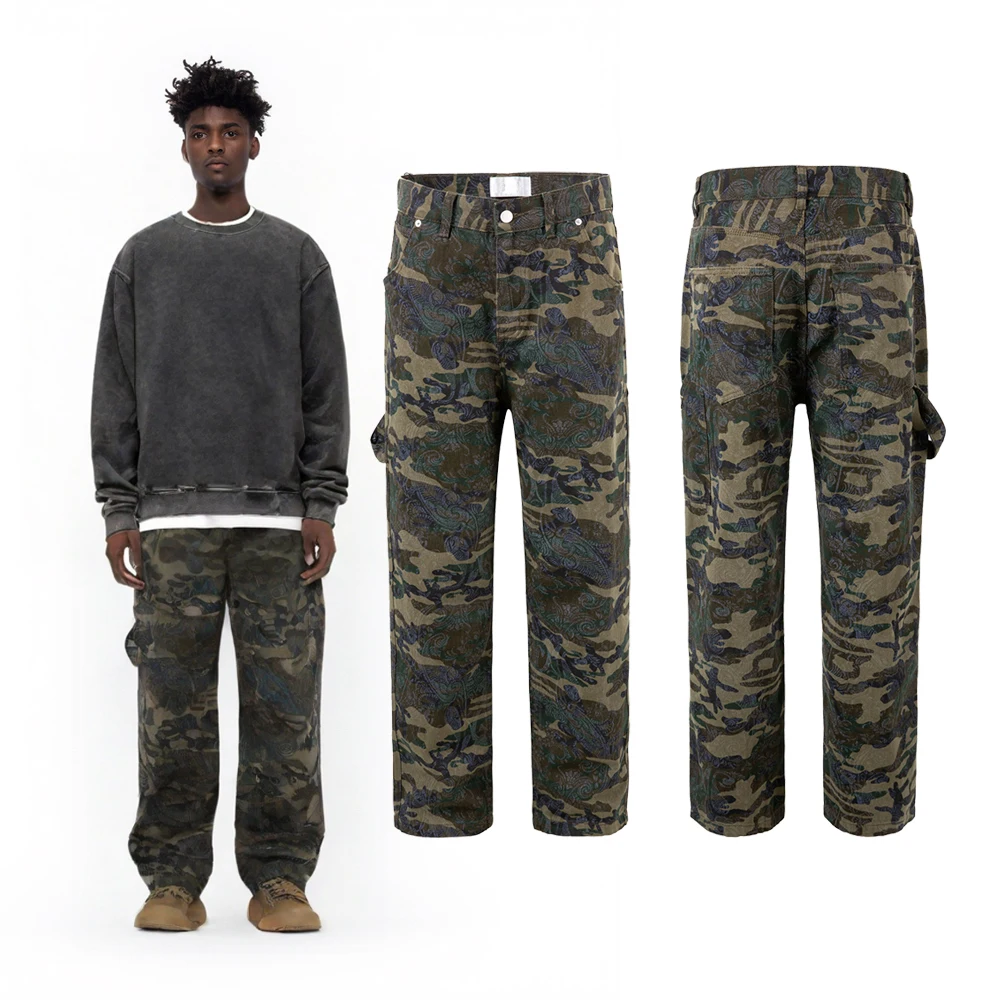 

Street Wear Paisley Camouflage Printed Cargo Pants Men's Clothing Hip Hop Street Style Washed Cotton Casual Retro Straight Pants