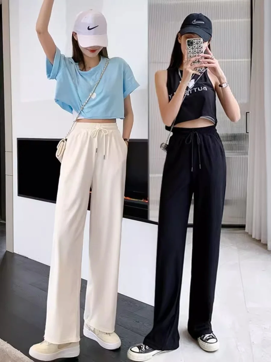 بنطلون واسع الساق من الحرير الصناعي للنساء، رقيق للصيف، خصر عالي، تصميم منسدل مستقيم، للربيع والخريف، أبيض من الشيفون، طويل يصل للأرض، كاجوال...