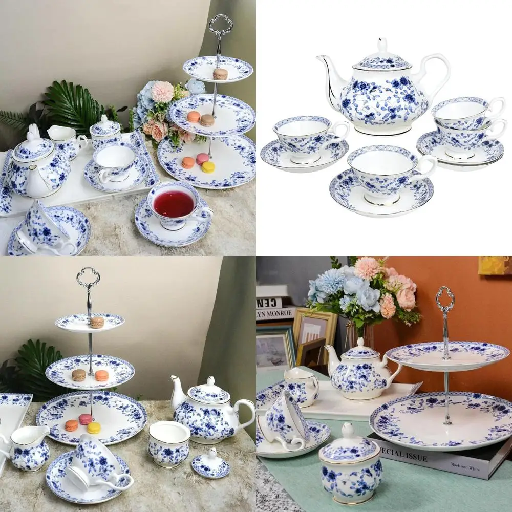 

Adults 13-Piece Blue and White Porcelain Tea Set for 4, Vintage Floral Design, Tea Party Gifts for Women