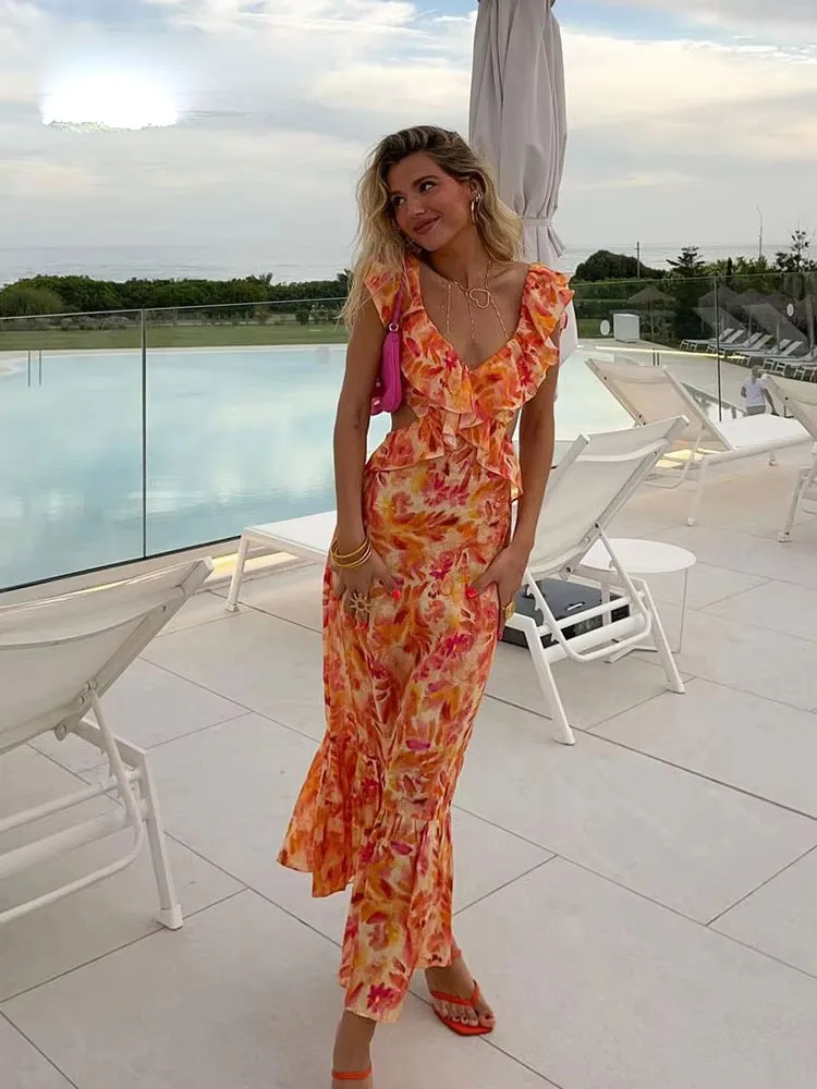 Summer Fashion Women Sexy V-neck Sleeveless Backless Orange Dress Ruffle  Print Hollow Out Women's Long Dresses For Beach - AliExpress 200000345