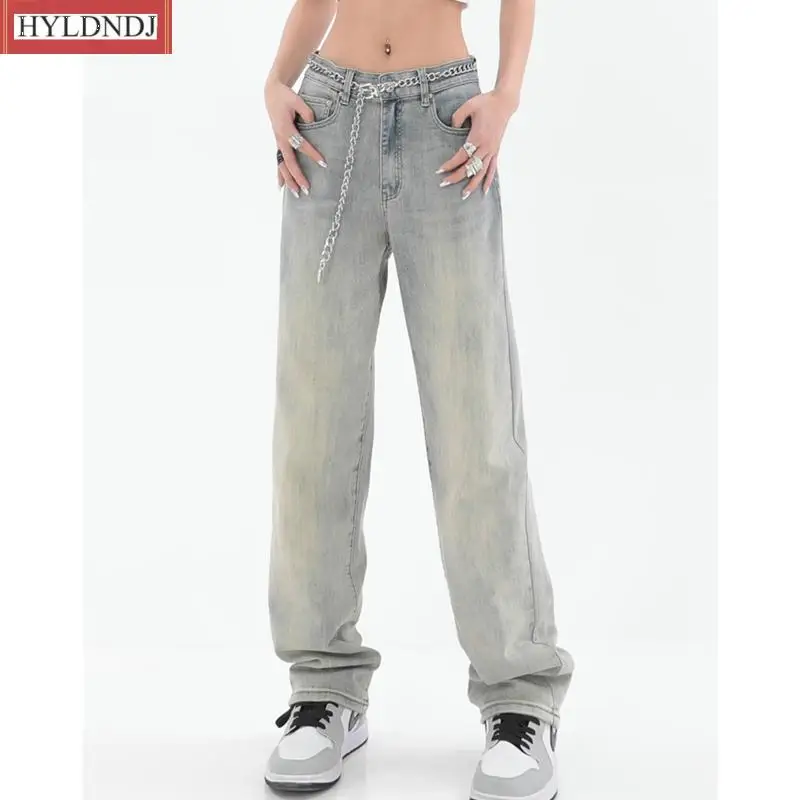 Light Blue Women Jeans Vintage High Waist American Streetwear Straight Baggy Trouser Fashion Casual Autumn Wide Leg Denim Pants