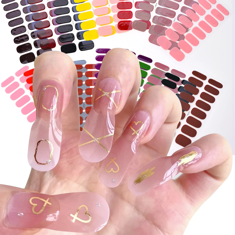 16pcs Semi-Cured UV Nail Sticker Full Cover Nail Polish Strips Lamp-solidify Fingertip Self-Adhesive Nails Gel UV Decals