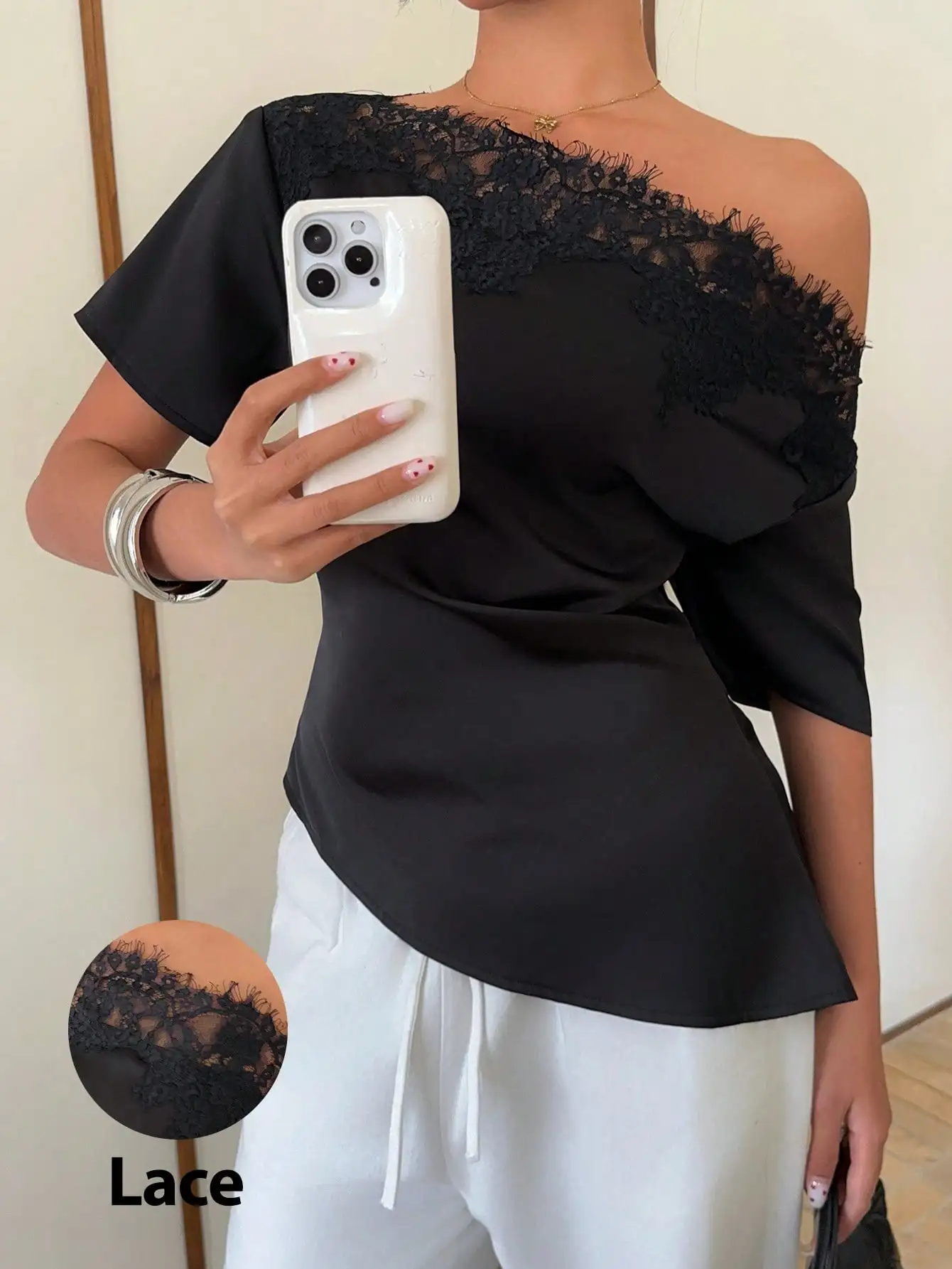 Summer Fashion New Arrival Lace Patchwork Asymmetrical Irregular Waist Nipped Glamorous Satin Solid Color Short Sleeve Top