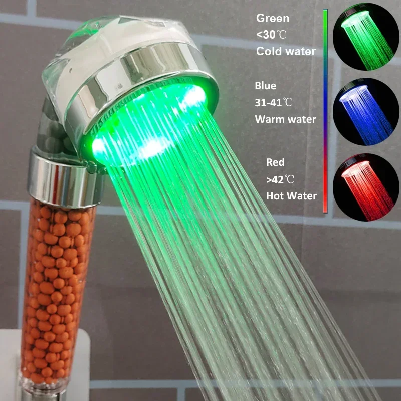 Temperature Control LED Shower Head Color Changing High Pressure Anion Stones Showerhead Water Saving Nozzle Bathroom Accessory