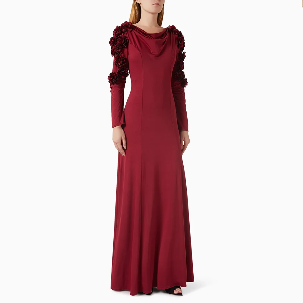 

Customzied Boat Neck Jersey A-line Straight Casual Party Dress with Modern Hand Made Flower Long Sleeve Prom Gowns Evening Dress
