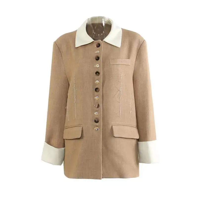 HKSH ربيع الخريف جديد المرأة السترة واحدة الصدر كتلة اللون المرقعة بدوره إلى أسفل طوق المتعثرة مزاجه سترة HK12168 #3