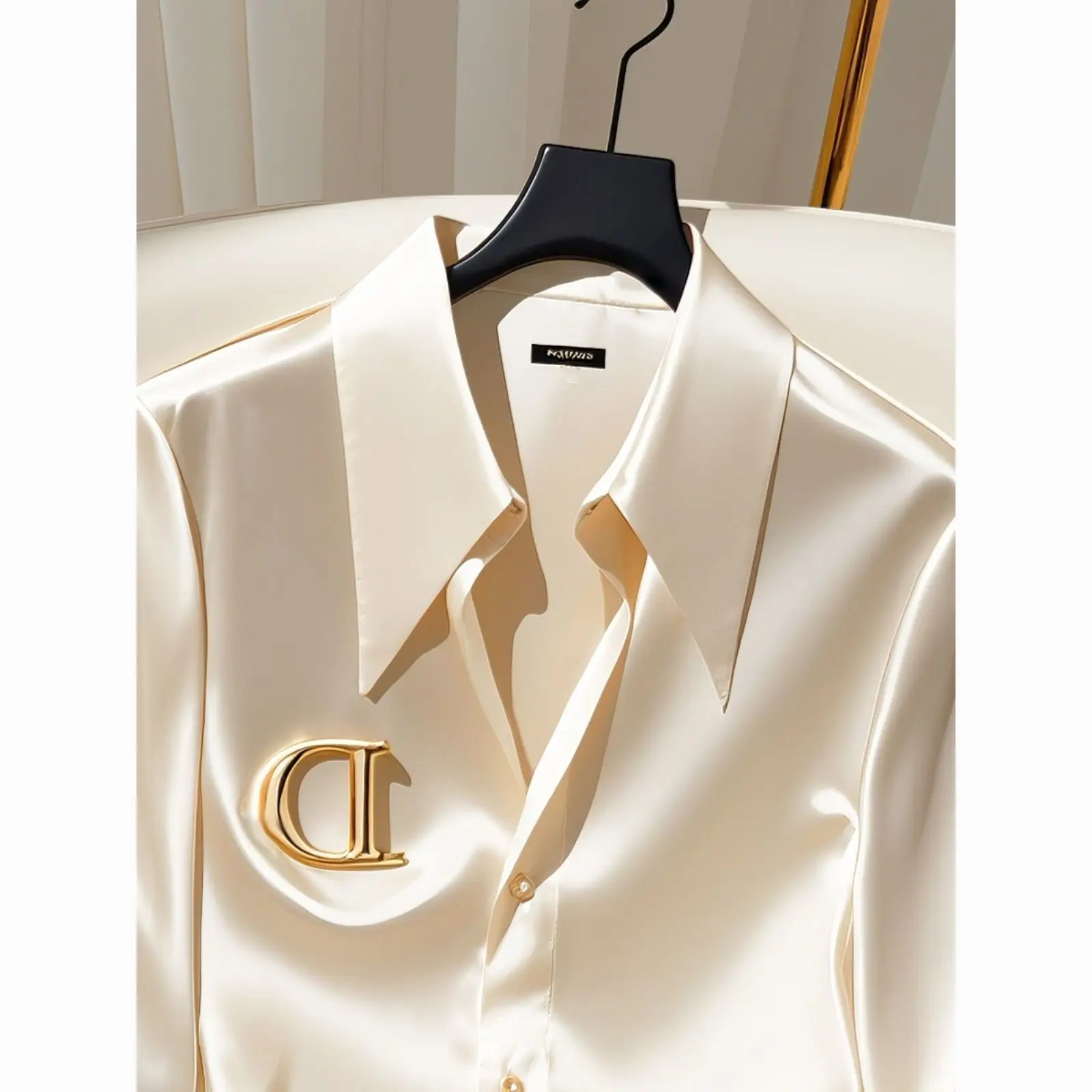 New Satin blouses single-breasted long OL Office Ladies Elegant blouses French Solid blouses Korean Chic Tops