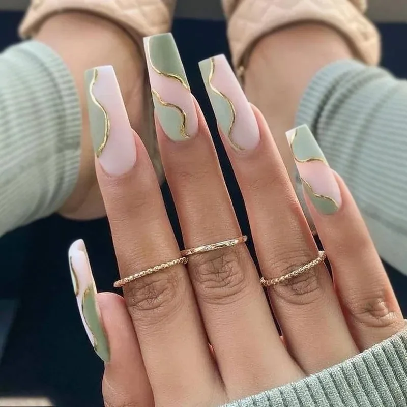 24pcs Long Ballerina False Nails French Fake Nails Art Panel Contrast Green Press on Nail Tips Removable All for Nail Extensions