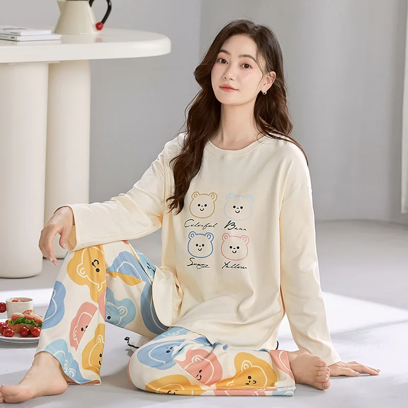 High Quality Spring And Autumn 100% Cotton Cute Cartoon Pyjamas Women Long Sleeve Casual Pajamas Set