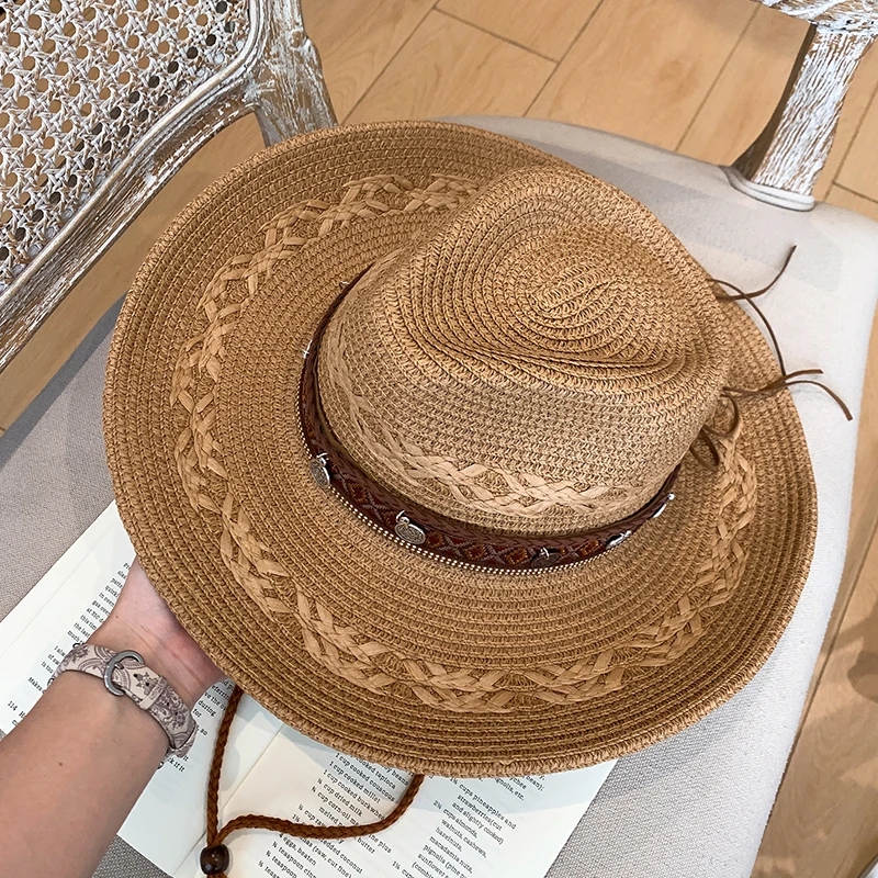 Ethnic-style Straw Western Cowboy Hat for Women, Summer Xinjiang Travel Hat with Wide Brim for Sun Protection and Shade