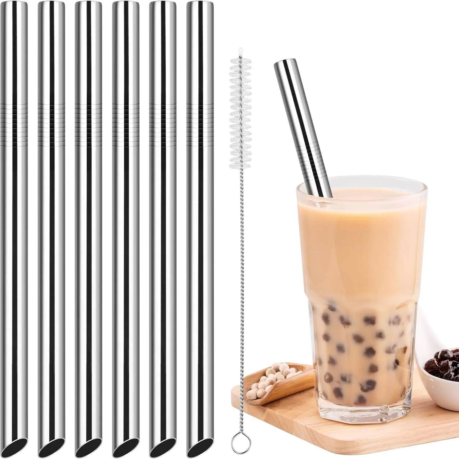

Набор из 6 сверхшироких трубочек из нержавеющей стали для боба, смузи и молочных коктейлей, длиной 10,5 дюймов, с 2 щеточками для чистки