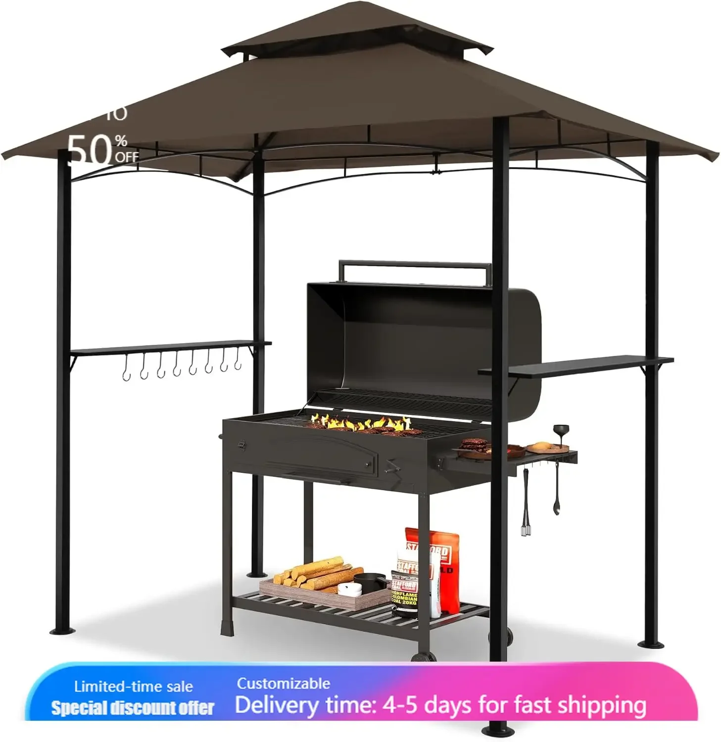 8'x5' Outdoor Grill Gazebo - Double Roof BBQ Canopy with 2 Side Shelves and LED Lights, Patio Pergola Shelter for
