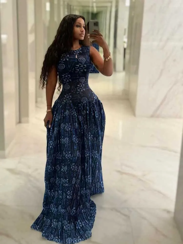 Sleeveless Dresses Woman High Waist Long Maxi Summer Dresses for Woman Royal Blue Casual Elegant Pleated Dress Sundresses - Image 2