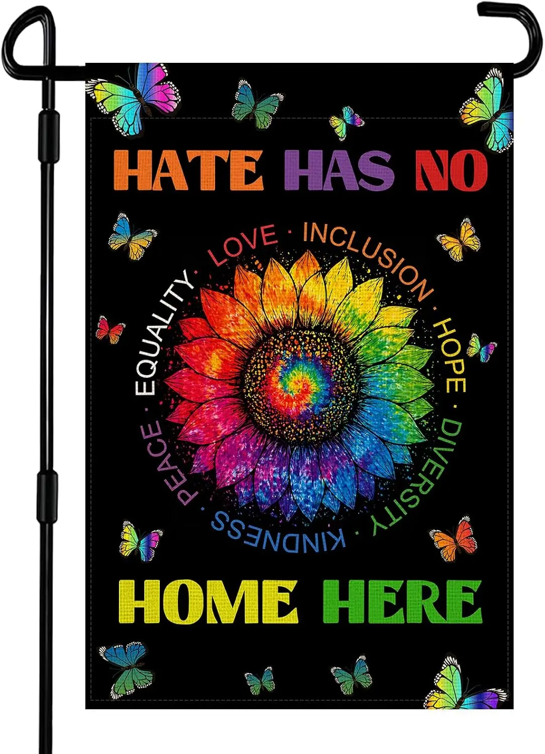 Hate Has No Home Here Rainbow Garden Flag 12x18 Inch Double Sided Burlap Peace Equality Kindness Resist Flag for Yard, Lawn, llp
