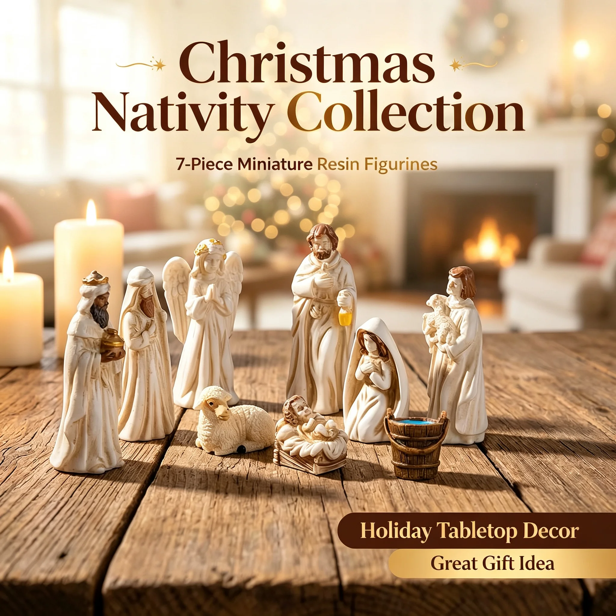Christmas Nativity Set 7Pcs Collector's Edition Miniature Resin Figurines Holiday Tabletop Home Party Decor Xmas Ornament Gift