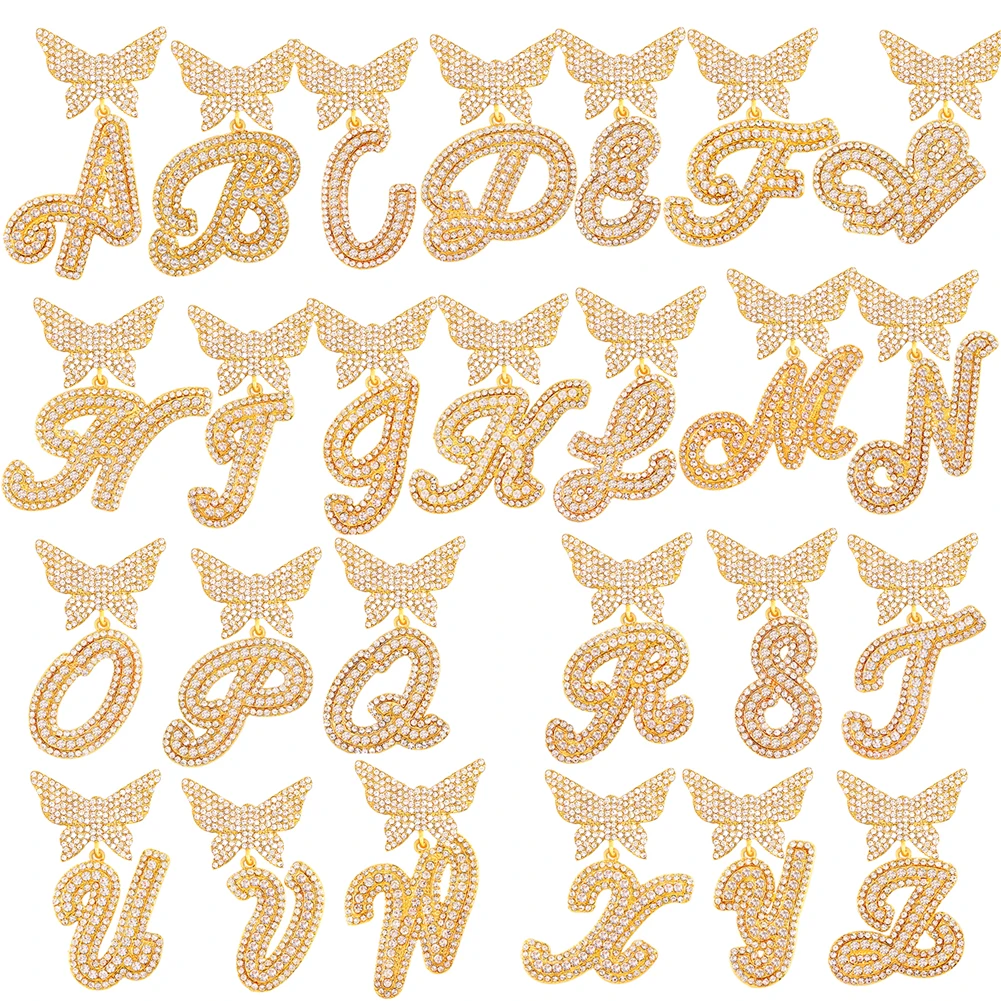 A-Z Initialen-Halskette für Damen, Schmetterling-Anhänger mit Kubanischer Kette, Gold- oder Silberfarbener Strass-Buchstaben-Schmuck – Detail 2
