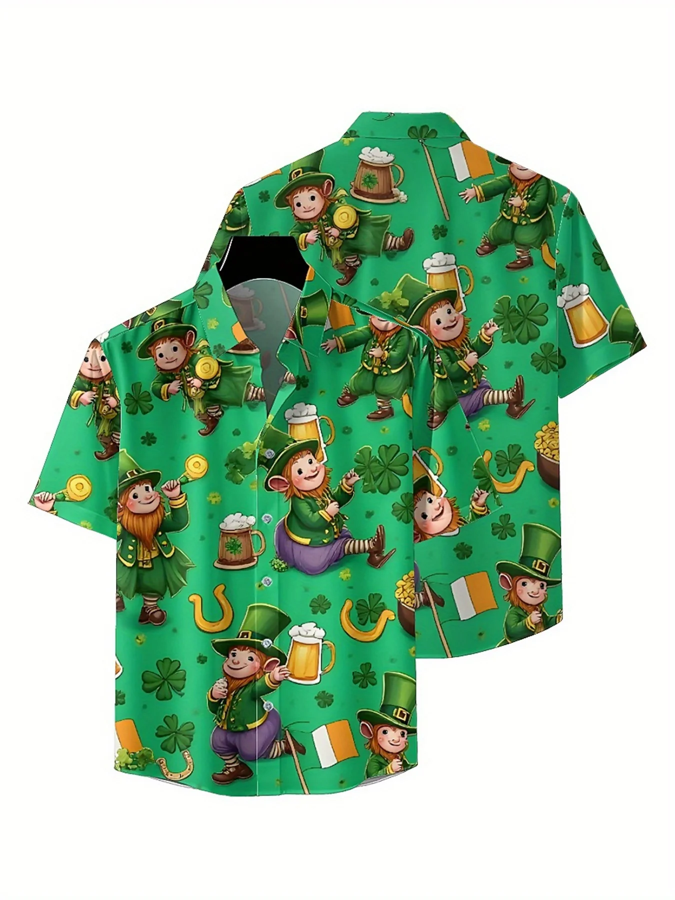 Men's Plus Size Hawaiian Shirts Green Elf and Lucky Clover St. Patrick's Day Pattern, Summer Tops, Outdoor Party, Streetwear