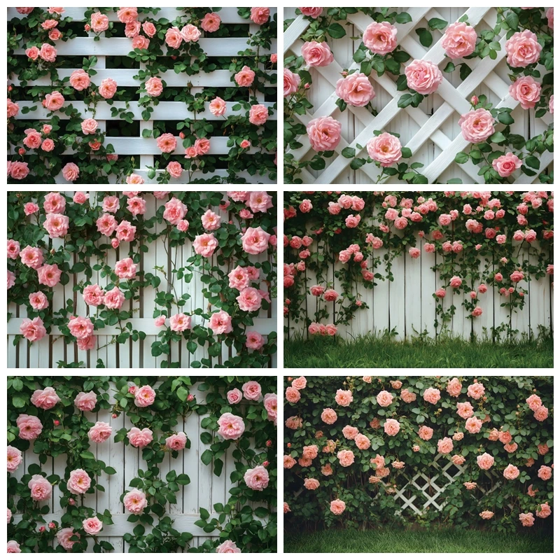 

Romantic Wedding Pink Roses White Fences Photography Background Baby Shower Birthday Party Decor Backdrop Photo Studio Shoots