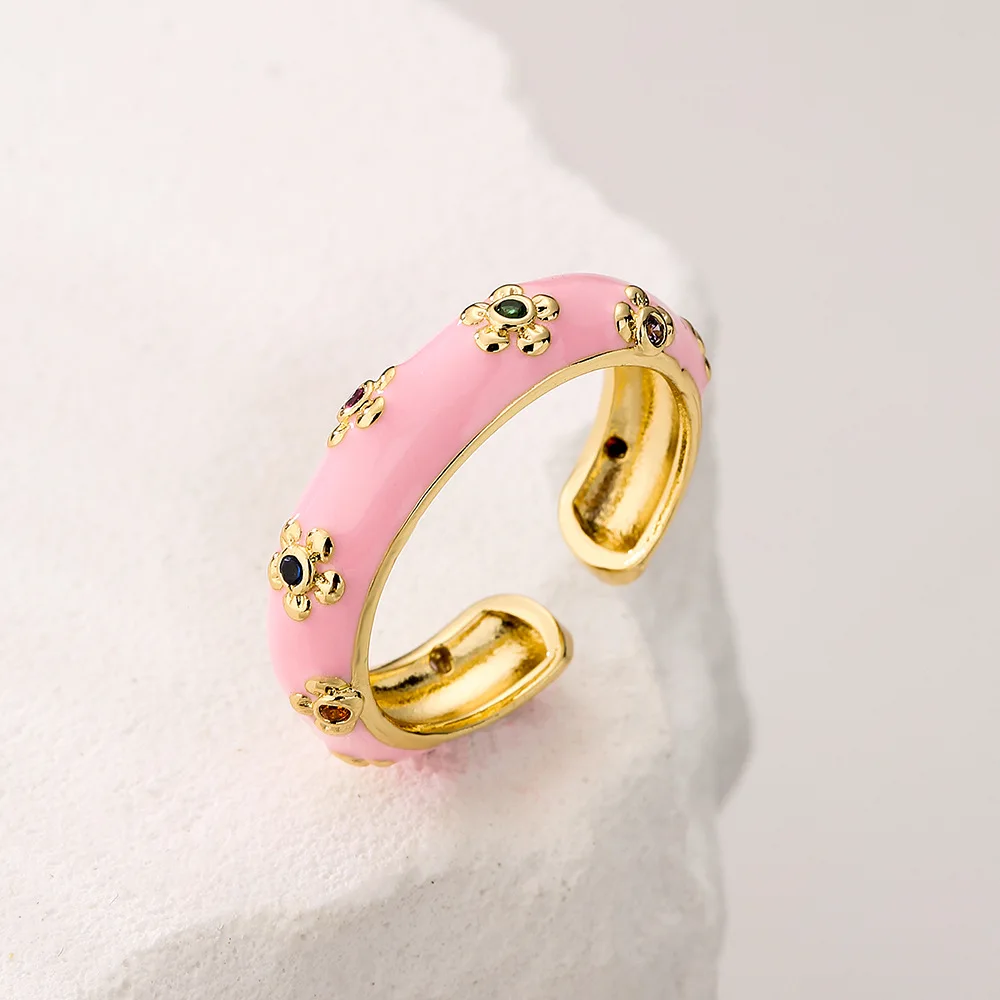 Fresh Design Enamel 7 Candy Colors Oil Dripping Flower Shape Bohemian Adjustable Ring For Women Girls Party Wedding Jewelry