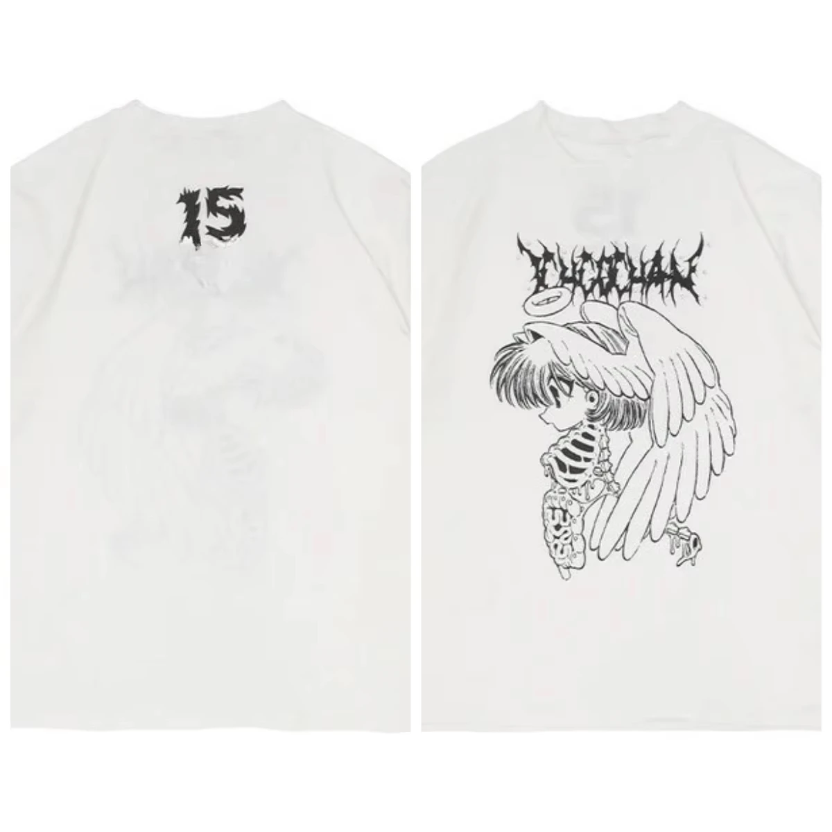 2026 New Harajuku Family Matching Oversized Unisex Streetwear TShirt Gothic Angel Skeleton Anime Front Double Sided Graphic Tee