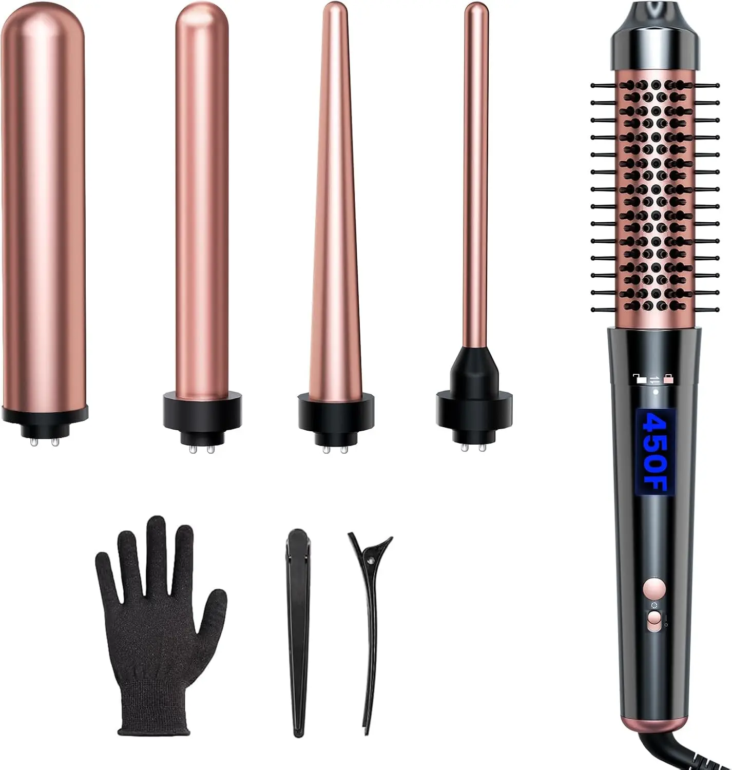 5-in-1 Curling Wand Set with Curling Brush, Temperature Display, 4 Interchangeable Ceramic Barrels, Heat Glove & Clips - Rose Gold