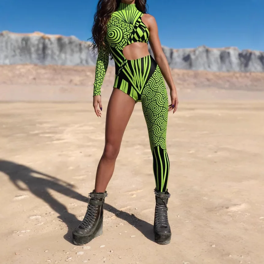 Women 3D Painted Colorful Cyberpunk Art Irregular Lines Bodysuit Holiday Party Role Play Halloween Costume Performance Tights - Image 4