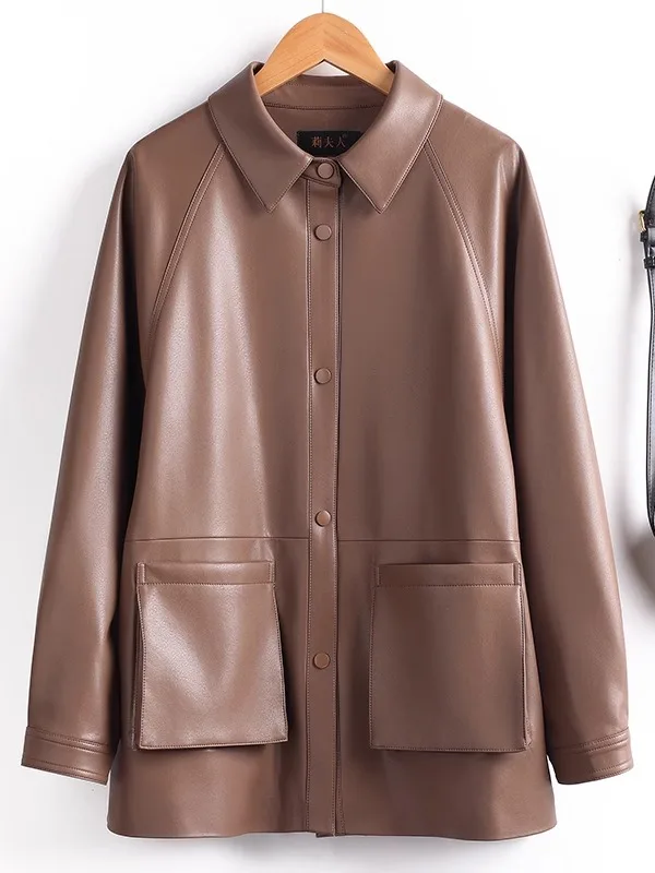   Ning 本革ジャケット レディース ミッドレングス シープスキン ルーズ カジュアル スプリング 秋 ファッション アウター コート