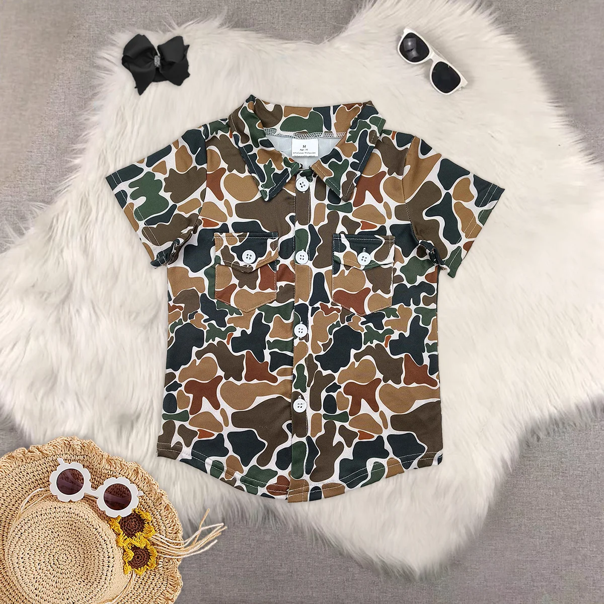 

Baby Boys Dark Brown Camo Short Sleeves Button Pockets Shirts Tops