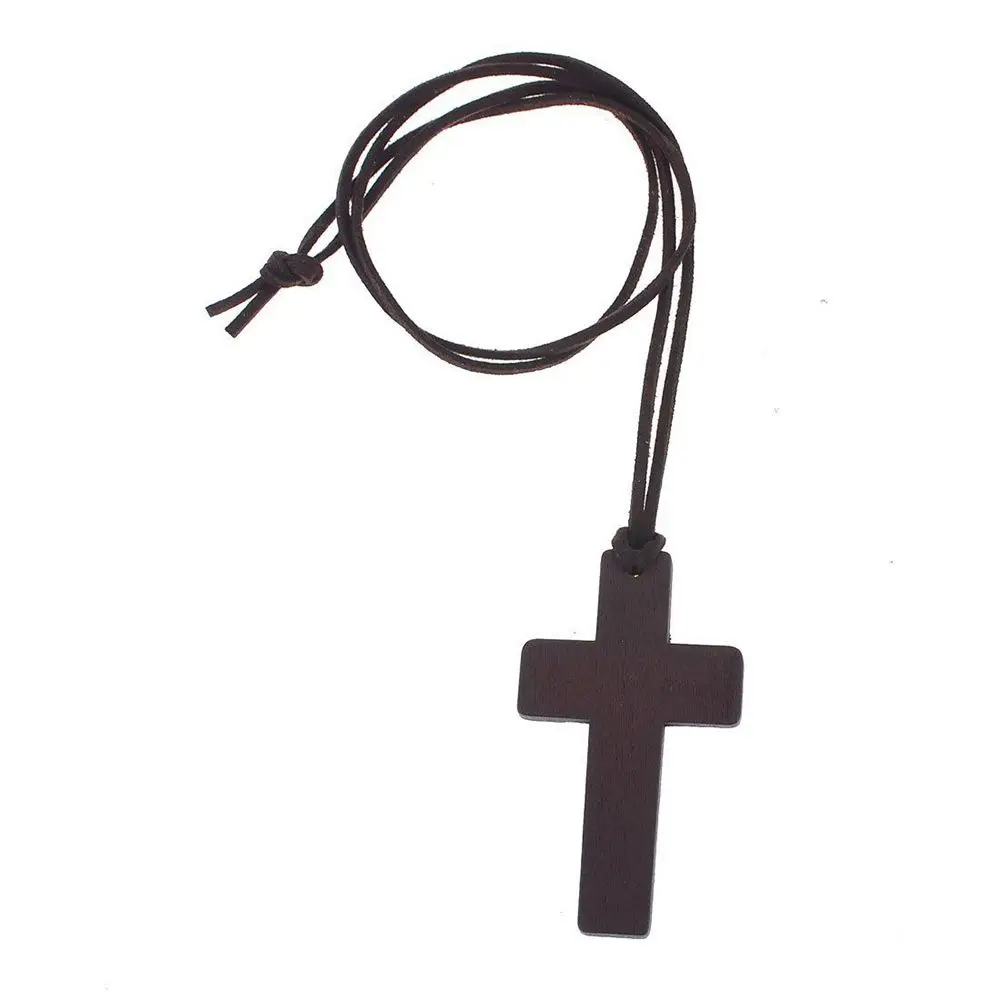 Ancient New Men Gift Brown Wooden Christian Leather Cord Necklace Jewelry Cross Pendant