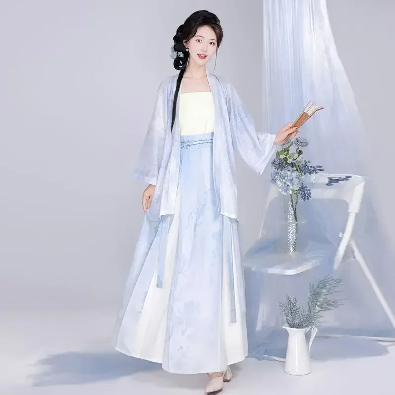 New Chinese Style Improved Hanfu Dress Women Blue Light Coat White Tube Purple Floral Print Skirt Vestidos Elegantes Para Mujer