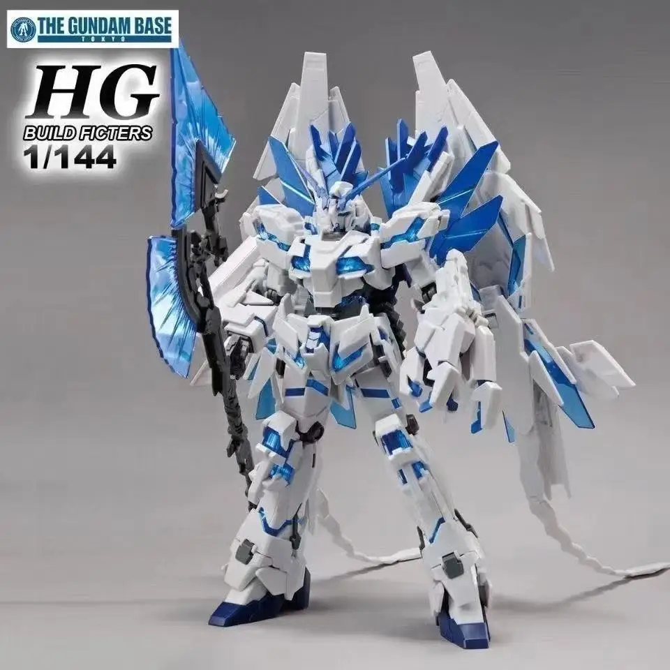 Modèle Gunpla HG Unicorn Gundam Perfectibility, Mobile Suit en mode destruction avec armure complète blanc-bleu et accessoires ailes à grandes lames