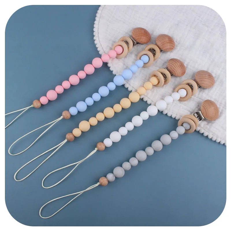 Baby Pacifier Clips Silicone Beads Wooden Ring Dummy Chain Newborn Gift Teether Soother Chain Nipple Holder Baby Stuff Accessory