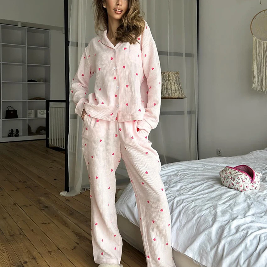 

Summer Love Heart Print Pyjama Long-sleeved Pants Set 100% Cotton 2Pcs Outfit Sleepwear Button Down Women's Pajamas Nightwear