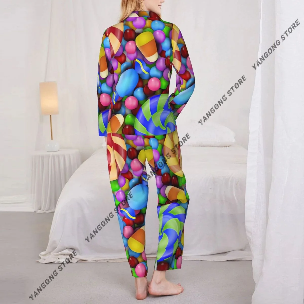 بيجامة نسائية بأكمام طويلة ملابس تنحيف للفتيات مكونة من قطعتين حلوى حلوة مع مصاصة وحلوى الذرة بيجامة لخريف وربيع