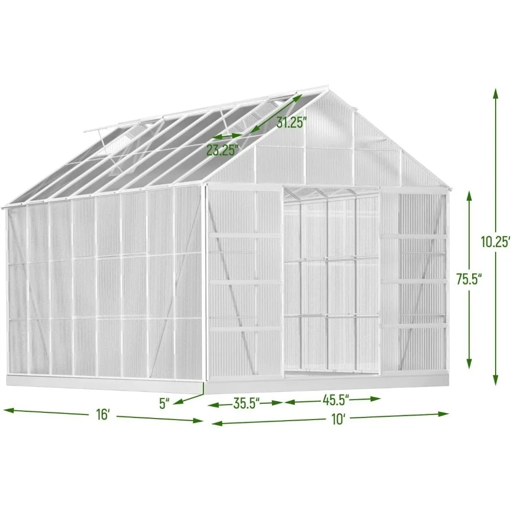 10' X 16' Greenhouse with Adjustable Roof Vent and Sliding Door, Winter Outdoor Aluminum Polycarbonate Greenhouse