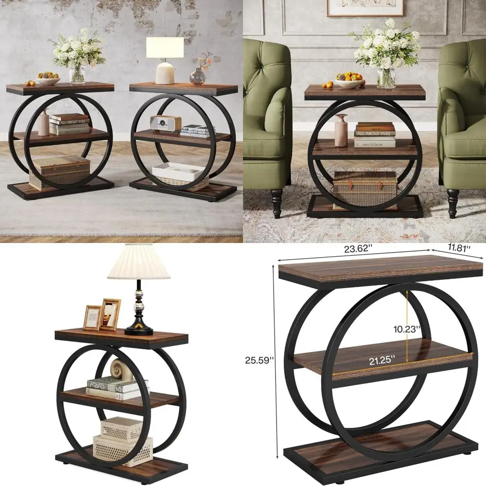 pair of tribesigns slim end tables with three-tier storage shelves, wooden side tables, and compact industrial-style sofa side t