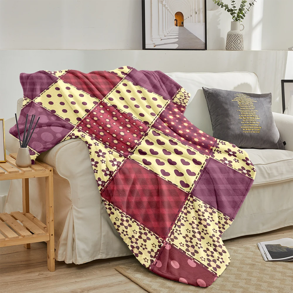 Burgundy Patchwork Squares Lightweight Flannel Blanket Breathable Cozy Throw Blanket for Spring Summer Sofa Bed Air Conditioning