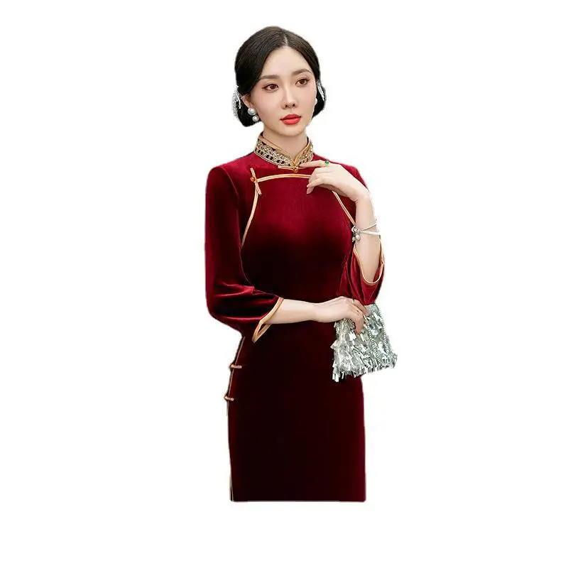 

Cheongsam Marriage Engagement Evening Dress Bridal Old Shanghai Printed Chinese Style Traditional Clothing Wear