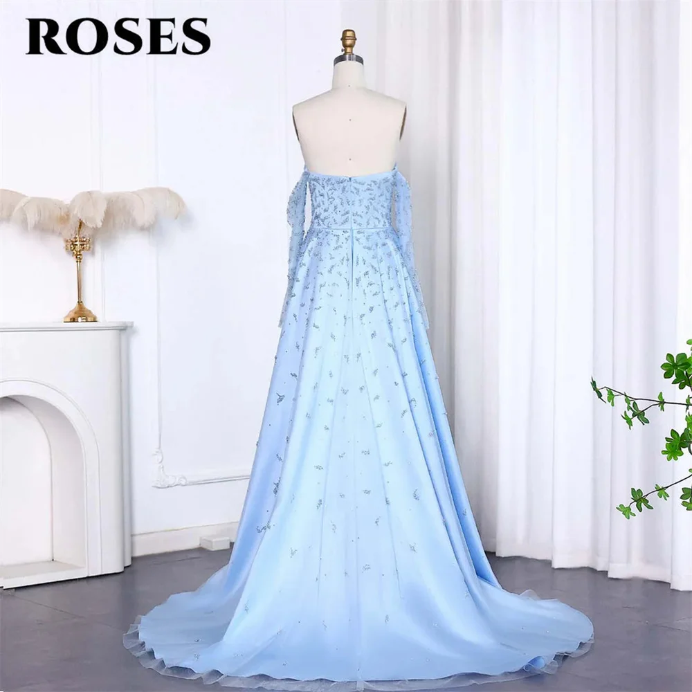 ROSES Blue Elegant Prom Dress Strapless Party Dress Beading Satin Off the Shoulder Mermaid Evening Dress for Woman Customized
