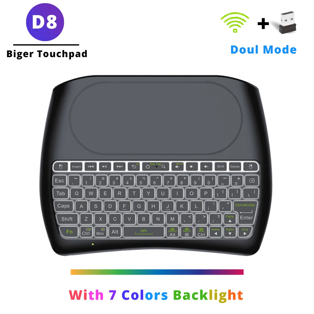 Mecool D8 Mini Keyboard With Big Touchpad 2.4G Bluetooth Wireless Doul Mode Seven Color Backlight For TV Box Computer Laptop