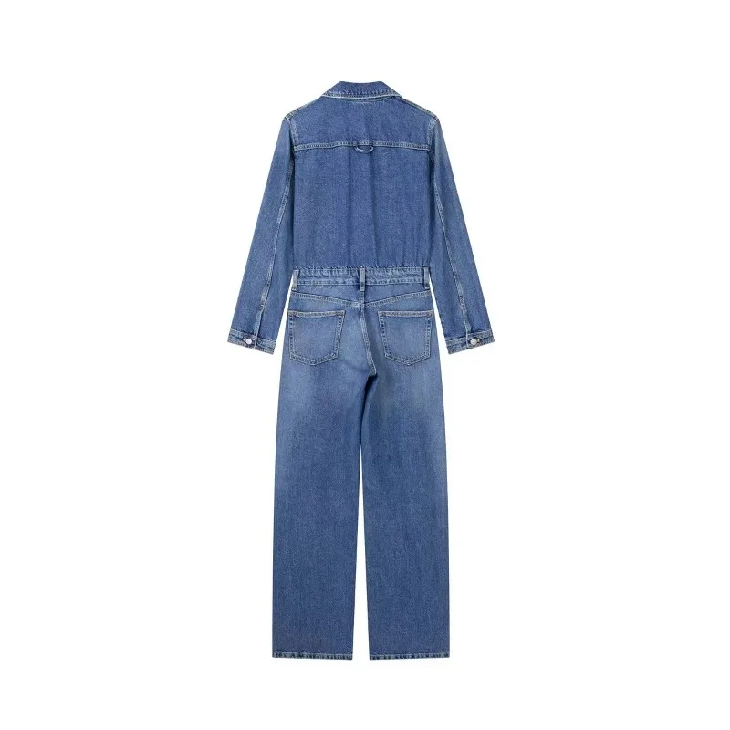 European And American Style Blue Denim High Waisted Jumpsuit Women'S Spring And Autumn Collar Casual Fashion Pants Straight Leg