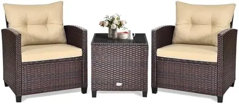 3 Piece Patio Furniture Set, Outdoor Conversation Set with Washable Cushions & Tempered Glass Tabletop, PE Rattan